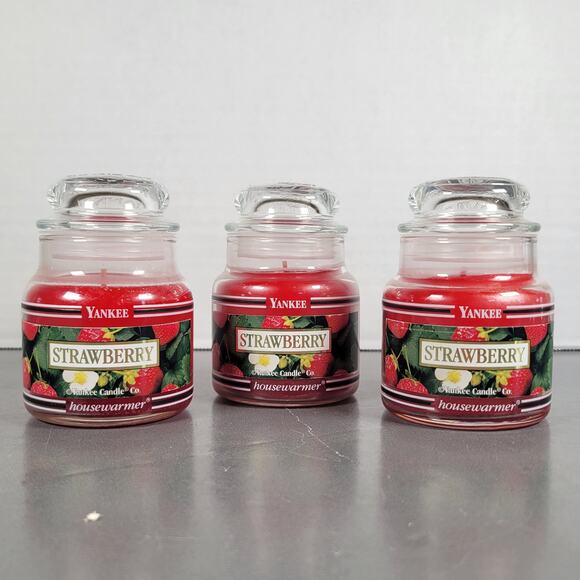 Yankee Candle Strawberry 3.7oz, Lot of 3 Small Jars Retired Black Band Rare VTG - Picture 1 of 16